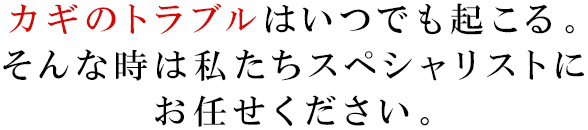 カギのトラブルはいつでも起こる。 そんな時は私たちスペシャリストにお任せください。